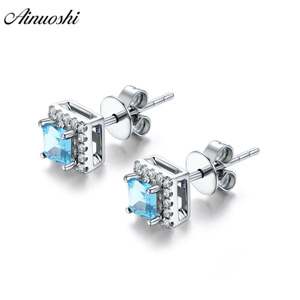 

ainuoshi natural blue z square stud earring 1.2ct princess cut blue gems push back earring pure 925 silver jewelry for women, Golden;silver