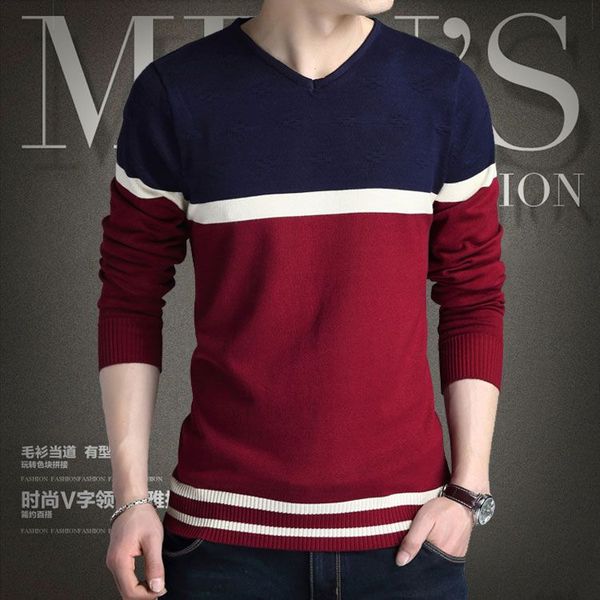 

2018 new men's sweater v-neck long-sleeved stripes fight color pullover high-quality brand leisure business men's sweater, White;black