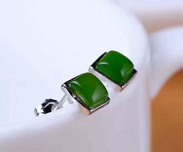 

hetian biyu silver inlaid new fashion square earrings j52#, Golden;silver