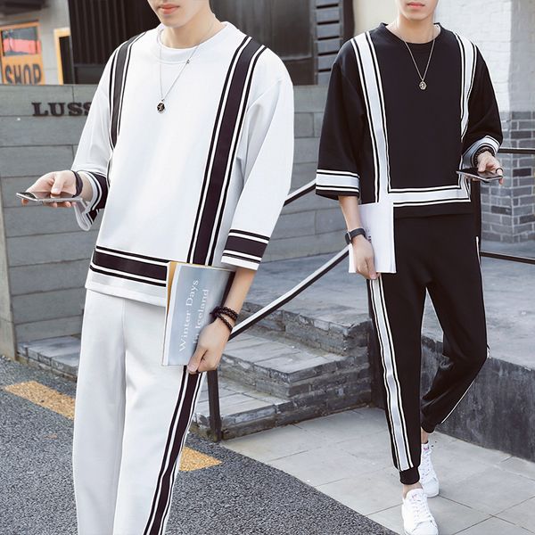 

2018 new suit spring summer casual jogger sporting tracksuit hip hop mens set contrast square shape men's suit black white, Gray