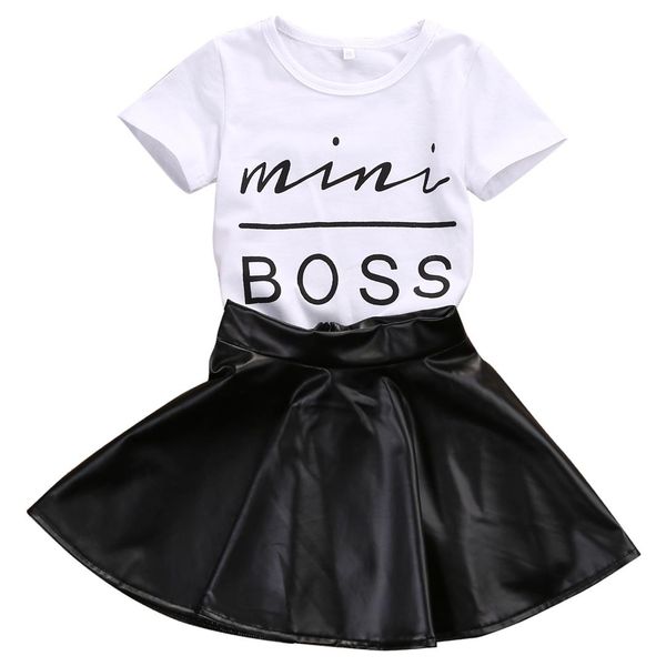

2018 new fashion toddler kids girl clothes set summer short sleeve mini boss t-shirt + leather skirt 2pcs outfit child suit, White
