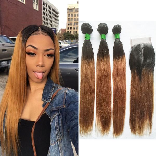 

brazilian straight human hair weave 3 bundles with 4x4 middle part lace frontal closure ombre color two tone #1b/#30 virgin hair extensions, Black;brown