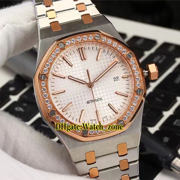 

41mm royal 15400 white texture dial automatic mens watch diamond bezel sapphire glass two tone rose gold steel band new watches, Slivery;brown