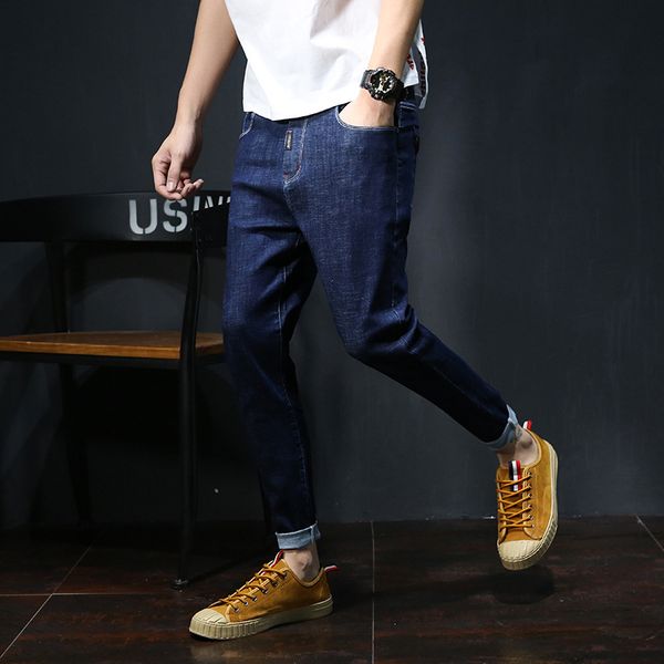 

men jeans casual solid washed stretch vintage pleated mens denim jeans mid waist retro straight fashion 2018 spring, Blue
