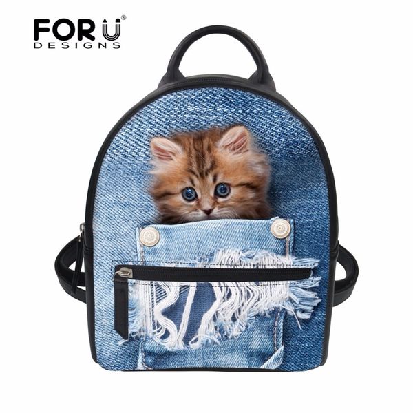 

forudesigns backpack women casual small bag cute denim animal pocket cat pattern women's bagpack school bags for female bolsa