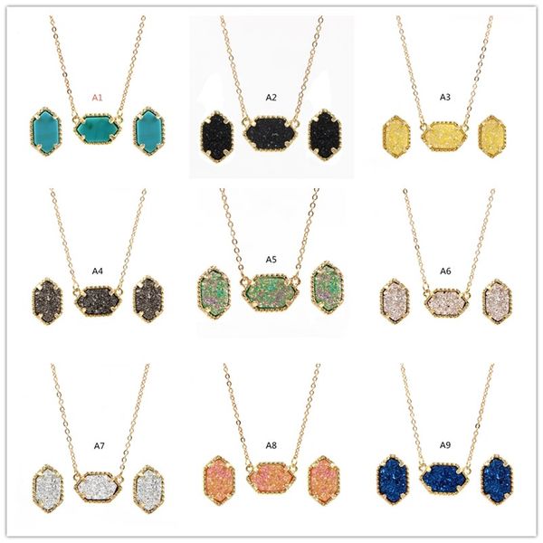 

15 цветов drusy druzy серьги ожерелье комплект ювелирных изделий позолоченный геометрия камень серьги ожерелья для женщин, Silver