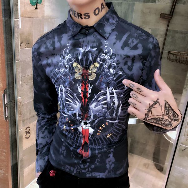 

gold bee print club shirt men 2018 new autumn long sleeve button down shirt men online shop clothing camisas masculina slim fit, White;black