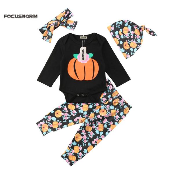 

4pcs newborn toddler baby boy girl halloween pumpkin long sleeve clothes jumpsuit romper pants caps headband outfits 0-24m, White