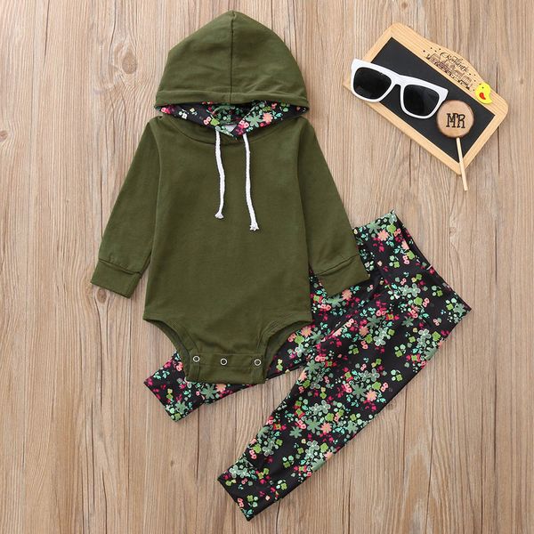 

2pcs toddler kids baby long sleeve hooded romper+floral print pants set outfit fashion army green children clothing, White