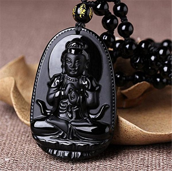 

10pcs/lot natural obsidian akasagarbha buddha bodhisattva pendant women men's amulet lucky jades jewelry pendants+beads necklace, Black