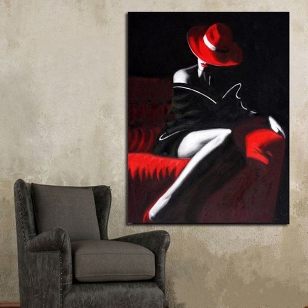 

современный домашний декор wall art ручная роспись абстрактная фигура картины маслом большая сексуальная женщина красный диван картины ручно