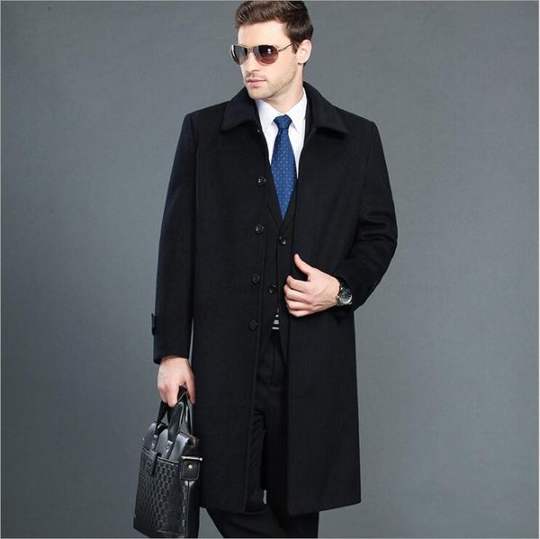 Vendita diretta in fabbrica Moda Uomo Sopra Giacca lunga Classico Business Outfit autunno inverno Maschio cashmere Lana Trench lungo Nero Blu Grigio