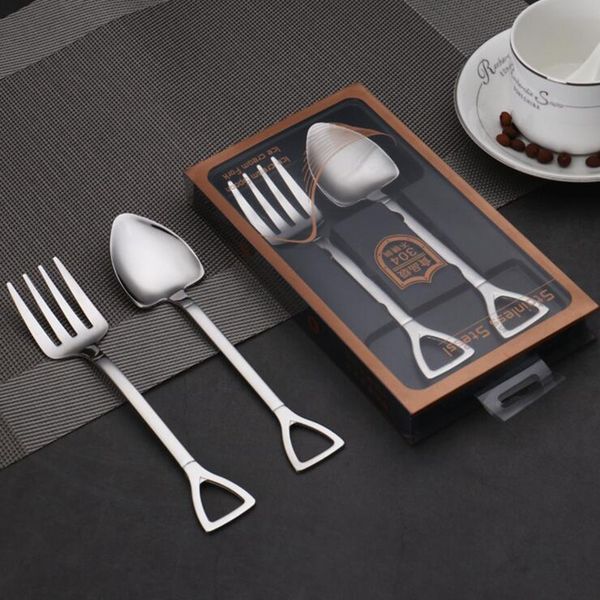 

2 pcs/lot stainless steel spoons fork spade shovel shape wrench tableware home gift lovely spoons long handle flatware gift