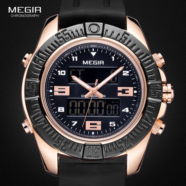 

megir men's 12/24-hour chronograph black silicone strap sports backlight digital quartz watches with alarm army wristwatch 2038, Slivery;brown