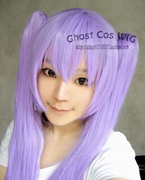 

lucky star long fashion purple straight cosplay wig with two clip ponytails, Black