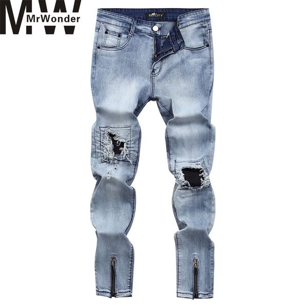 

mrwonder men fashion hardwearing long denim pants broken hole straight jeans with zipper trim, Blue