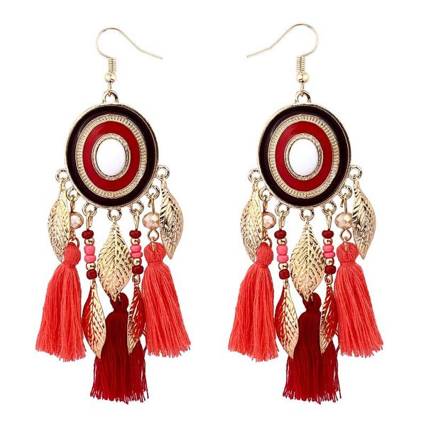 

new bohemian style round circle long tassel earrings for women gifts gold leaf dangle earring statement fringe earring lx, Silver