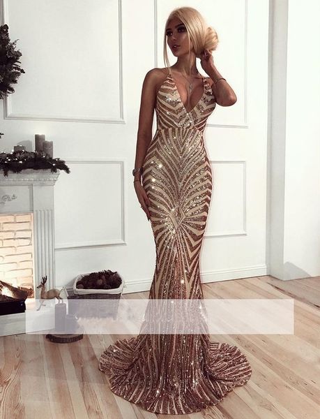 

Sexy Mermaid Prom Dresses V-Neck Crisscross Back Long Evening Gowns Sparkly Sequins Dresses robes de soiree Cheap