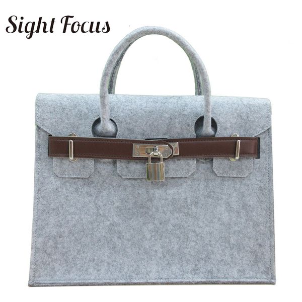 

sight focus handbag felt tote bag classic handle lock bags business solid grey wool flap ladies handbags