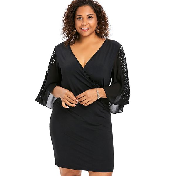 

wipalo plus size 5xl flare sleeve overlap v neck bodycon surplice dress women split sleeve sparkly party dresses femme vestidos, Black;gray