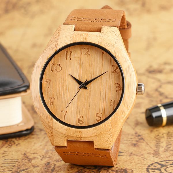

simple bamboo wooden watch men's handmade engraved arabic numbers novel fashion sport clock male genuine leather souvenir gifts, Slivery;brown