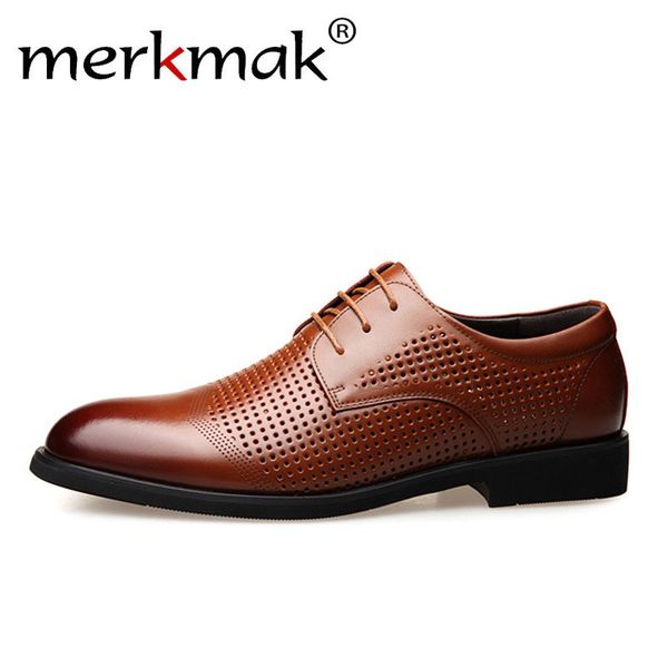 

merkmak men dress shoes genuine leather hollow out oxfords shoes formal men wedding party brogue business leather footwear, Black