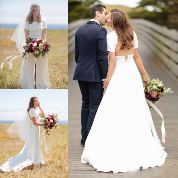 

2019 new short sleeves a line wedding dresses satin chiffon front high slit how back sweep train wedding bridal gown plus size, White