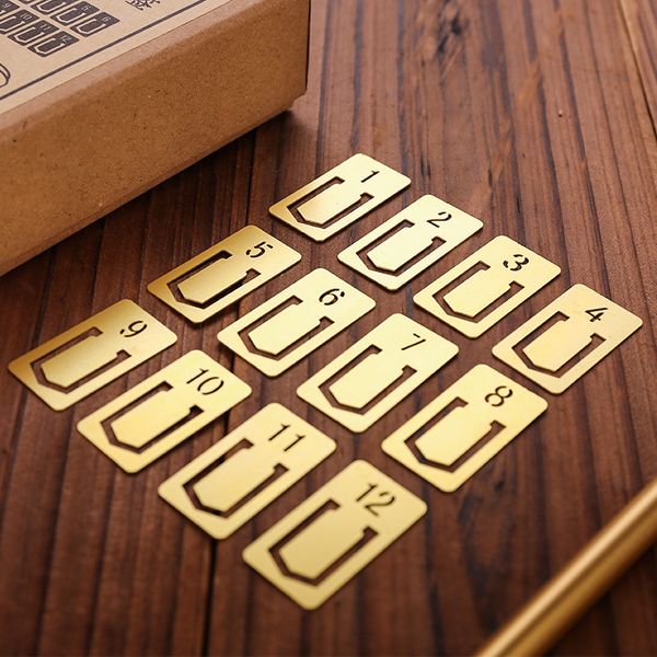 

12pcs/set figure number vintage mini metal pattern bookmark diy clips for books kids gift school office stationery gold color