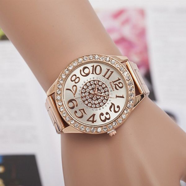 

fashion women stainless steel rhinestone quartz wrist watch round dial bracelet watches ll, Slivery;brown
