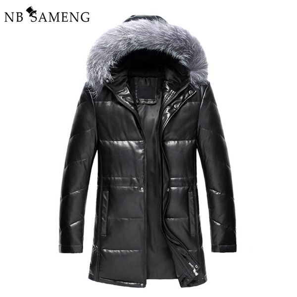 

wholesale-2017 new winter thick warm solid men withe duck down coat high quality pu leather jacket parka with real fur hood 13m0367, Black