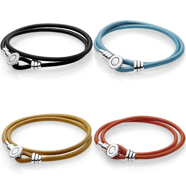 

925 sterling silver bracelet multicolor double leather with logo button clasp bracelet bangle fit bead charm diy jewelry, Black