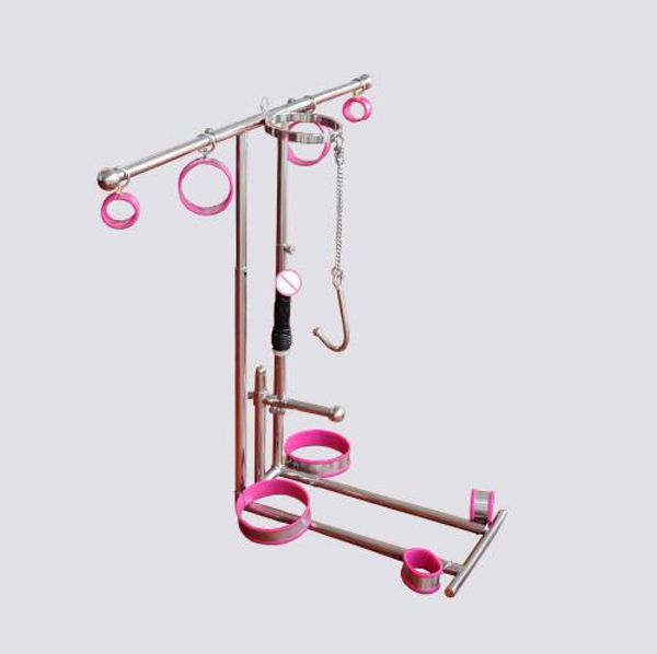 Top Acciaio inossidabile Sm Bondage Frame Dispositivo di tortura Braccio Polso Gamba Caviglia Restraint Manette Collo Corsetto Collare Gancio anale Dildo