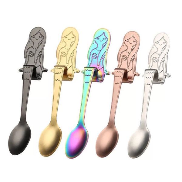 

304 stainless steel mermaid and cat design coffee mixing spoon hanging cup scoop rainbow jam ladle dinnerware set 5pcs/6pcs