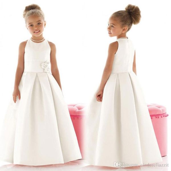 Ärmelloses Blumenmädchenkleid aus weißem Satin mit handgefertigten Blumendetails, langes Kleid für Junior-Brautjungfern