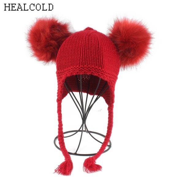 

ponytail beanie hat for kids girls boys winter fur pompoms hats baby caps with ears children wool knitted beanies