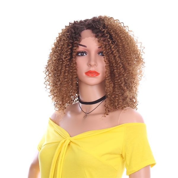 Parrucca anteriore in pizzo da 14 pollici Afro Kinky Curly Wig Side parte di capelli sintetici di ombre naturale per le donne africane alla moda alla moda