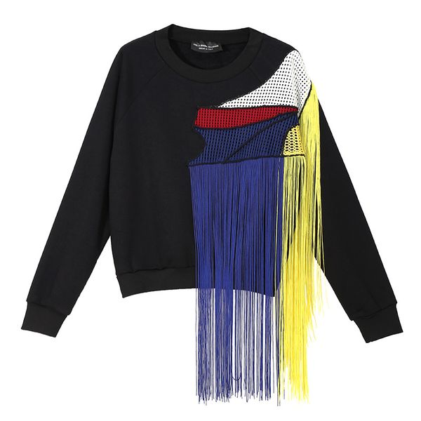 

2018 new autumn women hoodies sweatshirt streetwear rainbow tassels stitching mesh thickened fleece long sleeves, Black