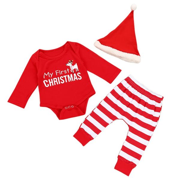 

baby girls spring autumn christmas letter romper+striped full pants+hat sets newborn infant long sleeve soft cotton 3pcs sets, White