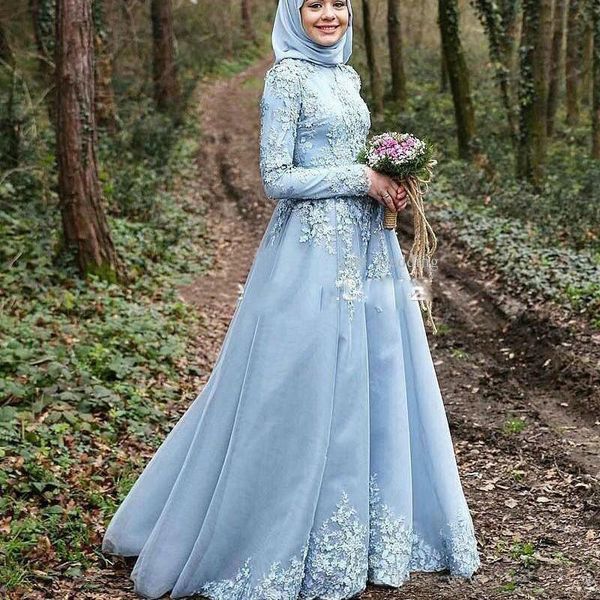 

Saudi Arabic A Line Muslim Wedding Dresses with Appliques Long Sleeves Hijab Kaftan Dubai Wedding Gowns Bridal Gowns 2018