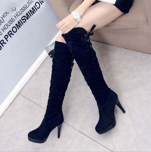 

autumn winter boot women over knee thigh boot crossover strap high heel round head boots woman boots, Black