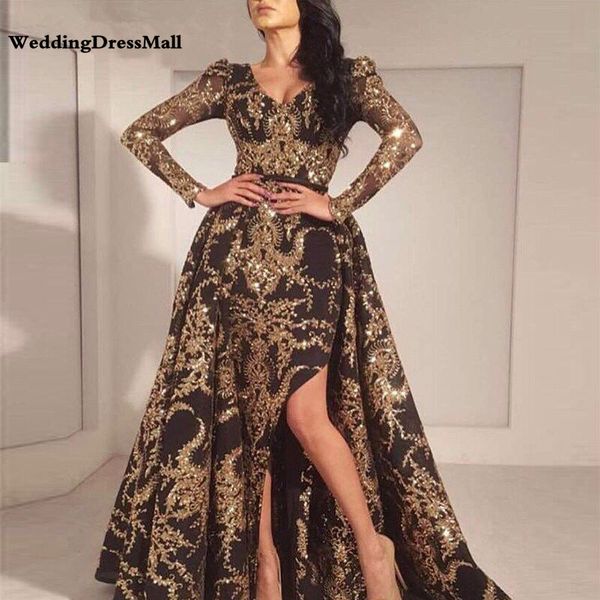 

luxury black gold glitter mermaid long sleeves evening dress 2019 saudi arabia dubai moroccan removable train muslim prom dress