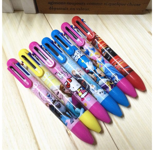 

4pcs per lot cute kawaii lovely cartoon 6 colour ballpoint pen with multi color pen student ballpoint boy girl party gifts, Blue;orange