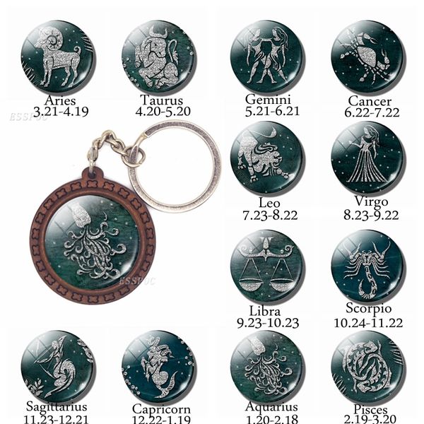 

new arrival constellation jewelry 12 zodiac signs keychain glass cabochon wooden key chain fashion accessories birthday gift, Silver