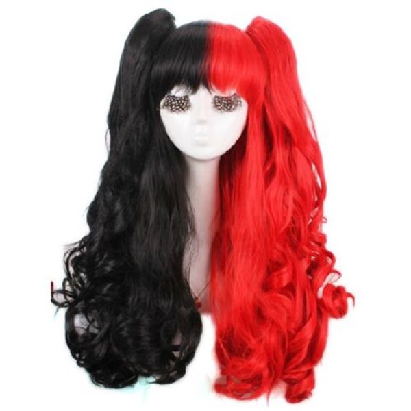 Harley Quinn Wig Black e Vermelho Encaracolado Cosplay Perucas + Clip Bonitários + Cap de Peruca Frete Grátis Barato Venda Sale Festa Cosplays