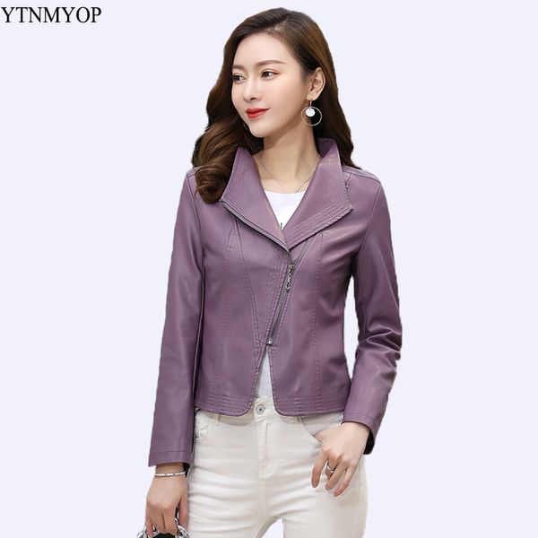 

ytnmyop new slim causal leather jacket women spring and autumn female clothing plus size 5xl office lady leather coat outerwear, Black