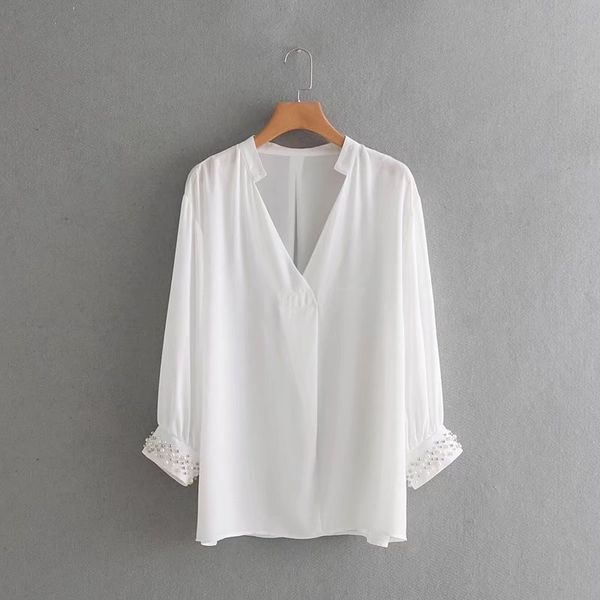 2019 Women Pearl Decoration V Neck White Shirt Loose Smock Casual
