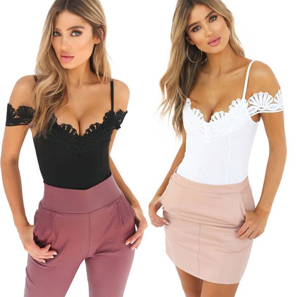 

2018 летние холодные плечевые ремни выдалбливают боди женщины sexy твердые старинные комбинезоны кружева лоскутное комбинезон, Black;white