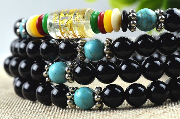 

natural 6mm black agate beaded bracelet tibetan buddhist 108 prayer beads bracelet gourd mala prayer for meditation, Golden;silver