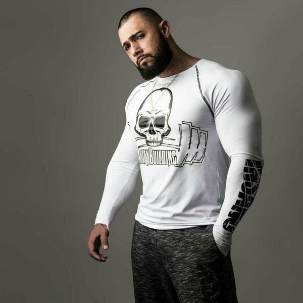 

white shirt long sleeve running t-shirt sport male fitness bodybuilding cotton sweatshirt elastic men gym sportswear tee tights, Black;blue
