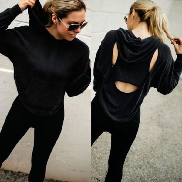 

new cool women cut out back long sleeve sweatshirt pullover ladies casual loose hoodies, Black